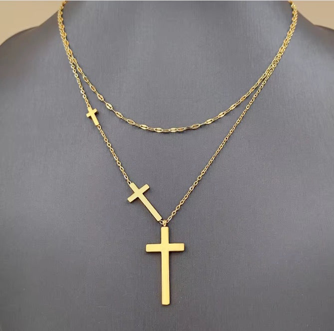 18K Gold Filled Double Layered Chain Stainless Steel Triple Cross Necklace