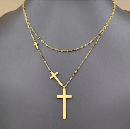18K Gold Filled Double Layered Chain Stainless Steel Triple Cross Necklace