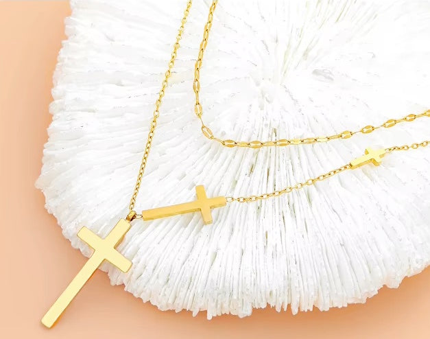 18K Gold Filled Double Layered Chain Stainless Steel Triple Cross Necklace