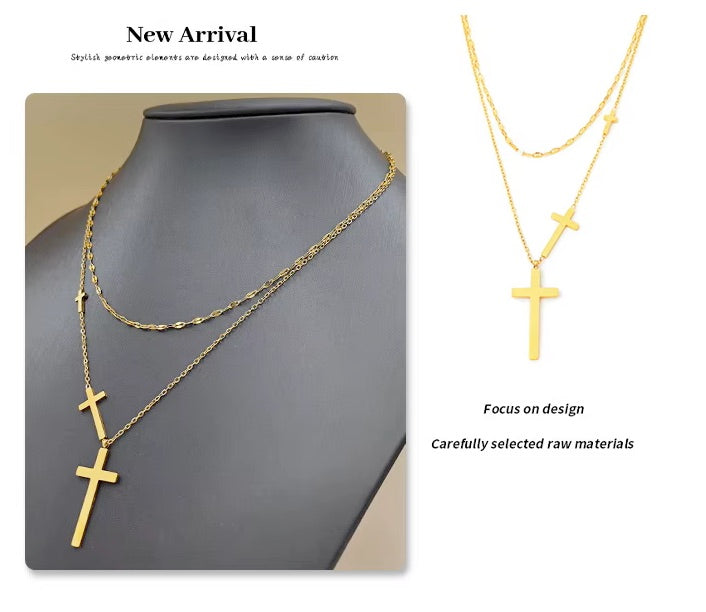 18K Gold Filled Double Layered Chain Stainless Steel Triple Cross Necklace