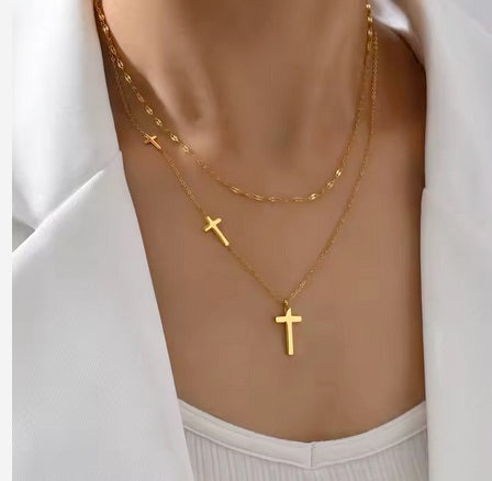 18K Gold Filled Double Layered Chain Stainless Steel Triple Cross Necklace