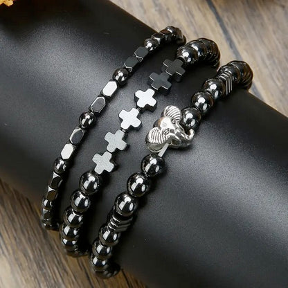 Three Piece Save the Elephant and Cross Stone and Steel Bracelet Set