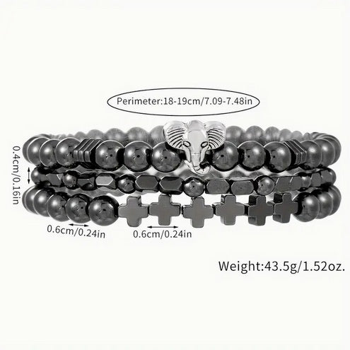Three Piece Save the Elephant and Cross Stone and Steel Bracelet Set