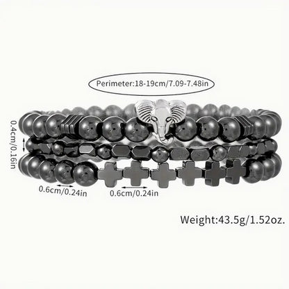 Three Piece Save the Elephant and Cross Stone and Steel Bracelet Set