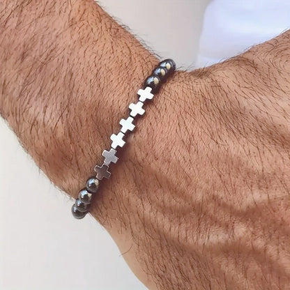 Three Piece Save the Elephant and Cross Stone and Steel Bracelet Set