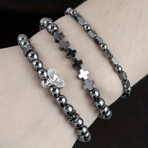 Three Piece Save the Elephant and Cross Stone and Steel Bracelet Set