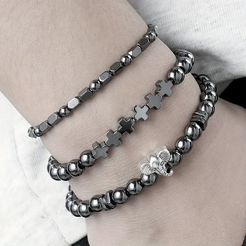 Three Piece Save the Elephant and Cross Stone and Steel Bracelet Set