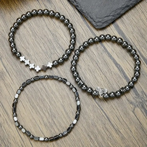 Three Piece Save the Elephant and Cross Stone and Steel Bracelet Set