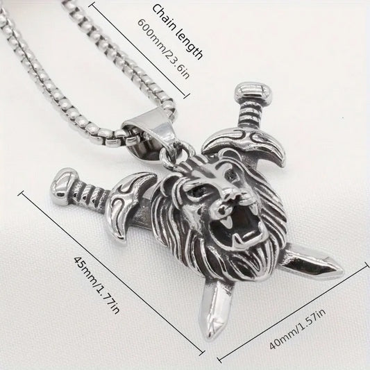Titanium Steel Sword Lion Of Judah Head Necklaces- 3pcs Set