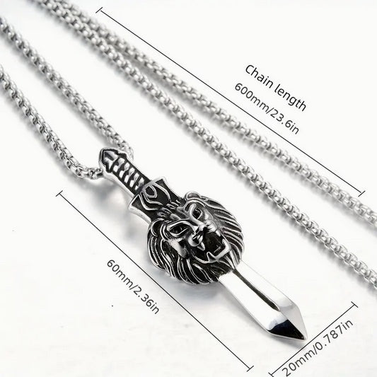 Titanium Steel Sword Lion Of Judah Head Necklaces- 3pcs Set