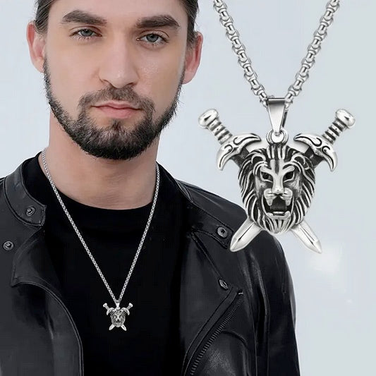 Titanium Steel Sword Lion Of Judah Head Necklaces- 3pcs Set
