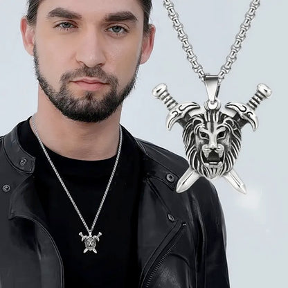 Titanium Steel Sword Lion Of Judah Head Necklaces- 3pcs Set