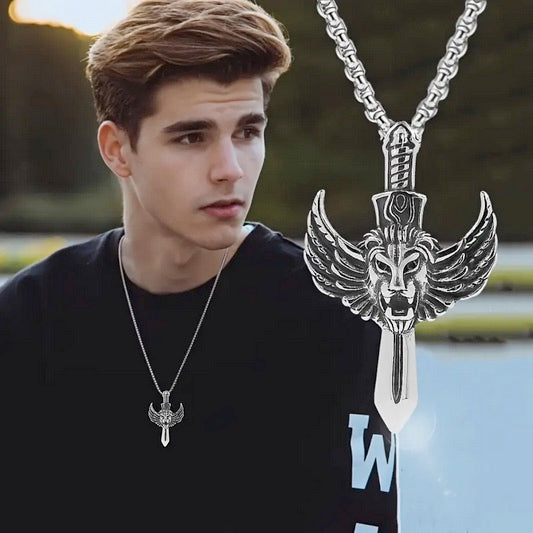 Titanium Steel Sword Lion Of Judah Head Necklaces- 3pcs Set