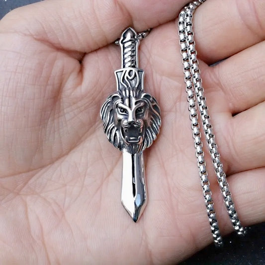 Titanium Steel Sword Lion Of Judah Head Necklaces- 3pcs Set