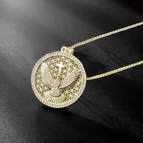 Gold-Tone Cross and Dove Holy Spirit Necklace with CZs