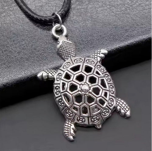 Antique Silver Plated Tortoise Necklace With Adjustable Length Black Leather Cord Chain