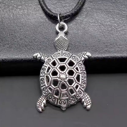 Antique Silver Plated Tortoise Necklace With Adjustable Length Black Leather Cord Chain