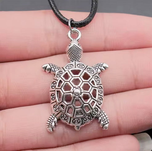 Antique Silver Plated Tortoise Necklace With Adjustable Length Black Leather Cord Chain