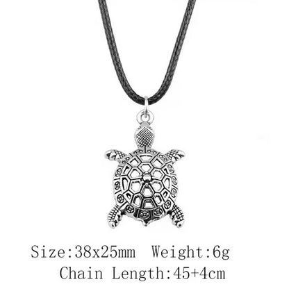 Antique Silver Plated Tortoise Necklace With Adjustable Length Black Leather Cord Chain