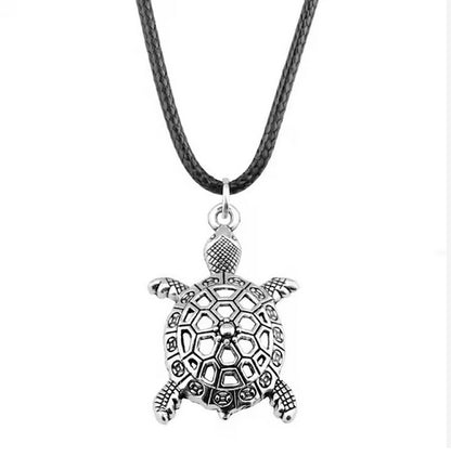 Antique Silver Plated Tortoise Necklace With Adjustable Length Black Leather Cord Chain