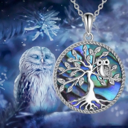 Elegant Owl Tree of Life Necklace for Women, Copper Inlay Abalone Shell, Cubic Zirconia, and Titanium Steel Chain