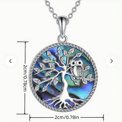 Elegant Owl Tree of Life Necklace for Women, Copper Inlay Abalone Shell, Cubic Zirconia, and Titanium Steel Chain