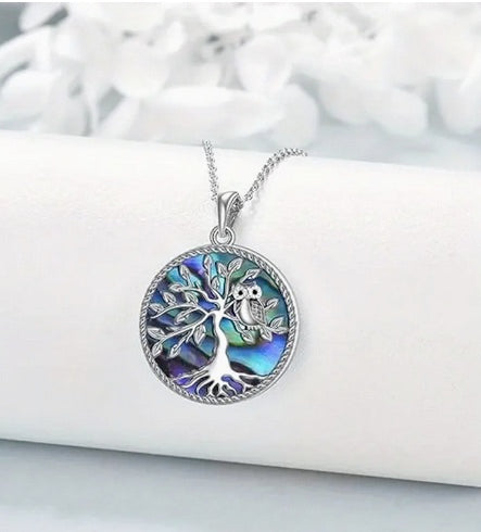 Elegant Owl Tree of Life Necklace for Women, Copper Inlay Abalone Shell, Cubic Zirconia, and Titanium Steel Chain
