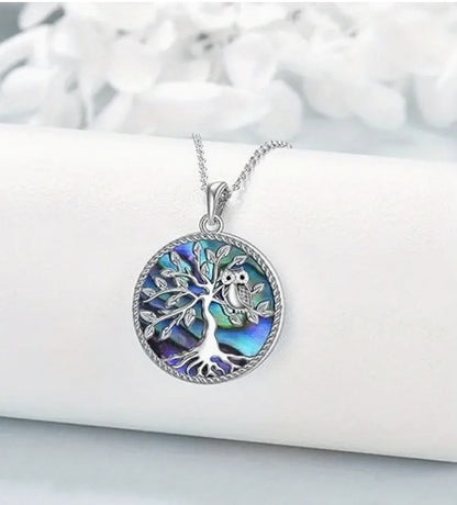 Elegant Owl Tree of Life Necklace for Women, Copper Inlay Abalone Shell, Cubic Zirconia, and Titanium Steel Chain