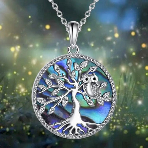 Elegant Owl Tree of Life Necklace for Women, Copper Inlay Abalone Shell, Cubic Zirconia, and Titanium Steel Chain