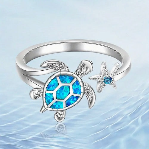 Sea Turtle with Starfish Design Exquisite Ring-self adjusting