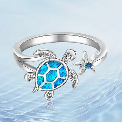 Sea Turtle with Starfish Design Exquisite Ring-self adjusting