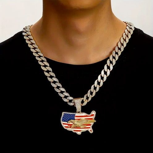 20 Inch Cuban Link Chain with American Flag and Eagle CZ Pendant