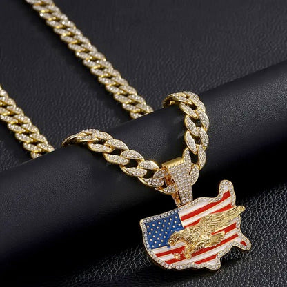 20 Inch Cuban Link Chain with American Flag and Eagle CZ Pendant