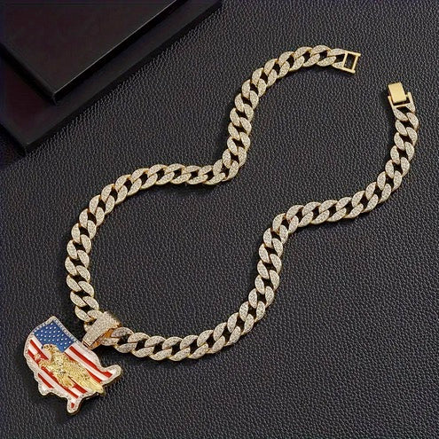 20 Inch Cuban Link Chain with American Flag and Eagle CZ Pendant