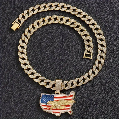 20 Inch Cuban Link Chain with American Flag and Eagle CZ Pendant