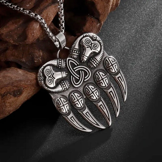 Vintage Viking Men's Bear Paw Necklace With Celtic Knot