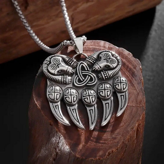 Vintage Viking Men's Bear Paw Necklace With Celtic Knot