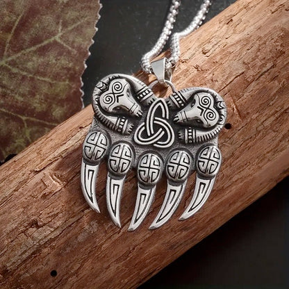 Vintage Viking Men's Bear Paw Necklace With Celtic Knot