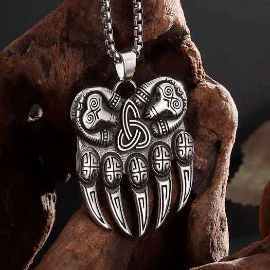 Vintage Viking Men's Bear Paw Necklace With Celtic Knot
