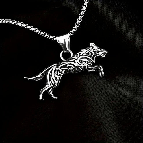 Viking Titanium Steel Wolf Pendant Necklace Square Pearl Chain – Unisex