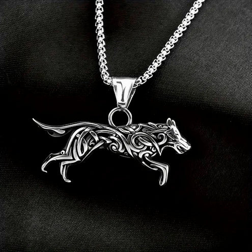 Viking Titanium Steel Wolf Pendant Necklace Square Pearl Chain – Unisex