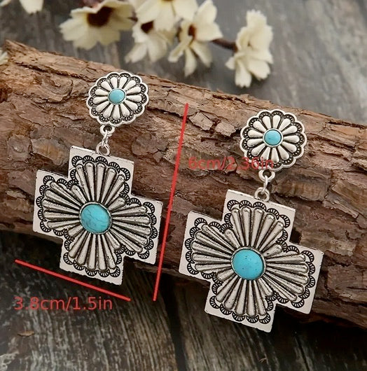 Vintage Western Style Turquoise Cross Drop Dangle Earrings Silver Plated