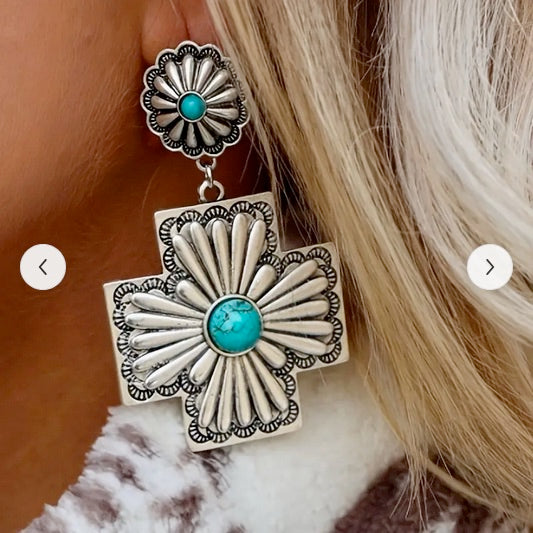Vintage Western Style Turquoise Cross Drop Dangle Earrings Silver Plated