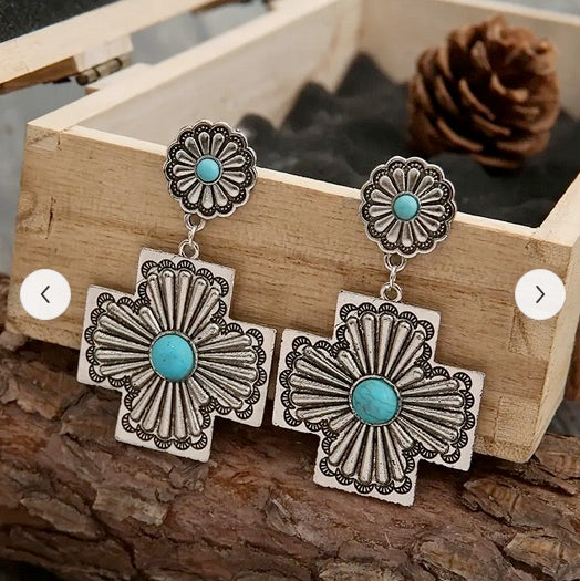 Vintage Western Style Turquoise Cross Drop Dangle Earrings Silver Plated