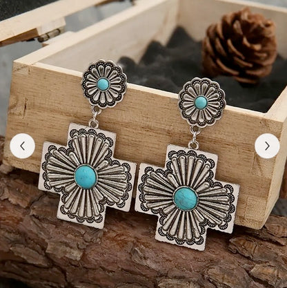 Vintage Western Style Turquoise Cross Drop Dangle Earrings Silver Plated