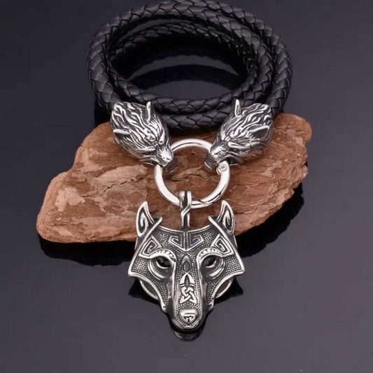Deluxe Handcrafted Wolf Celtic Viking Amulet On Braided Leather Cord