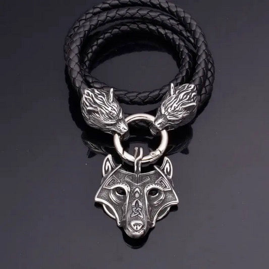 Deluxe Handcrafted Wolf Celtic Viking Amulet On Braided Leather Cord