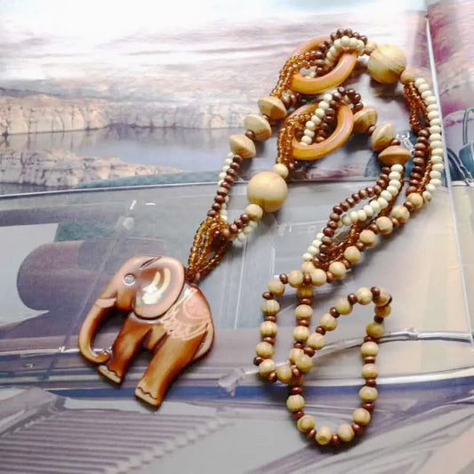 Bohemian Style Handmade Wooden Vintage Elephant Beaded Necklace