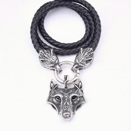 Deluxe Handcrafted Wolf Celtic Viking Amulet On Braided Leather Cord